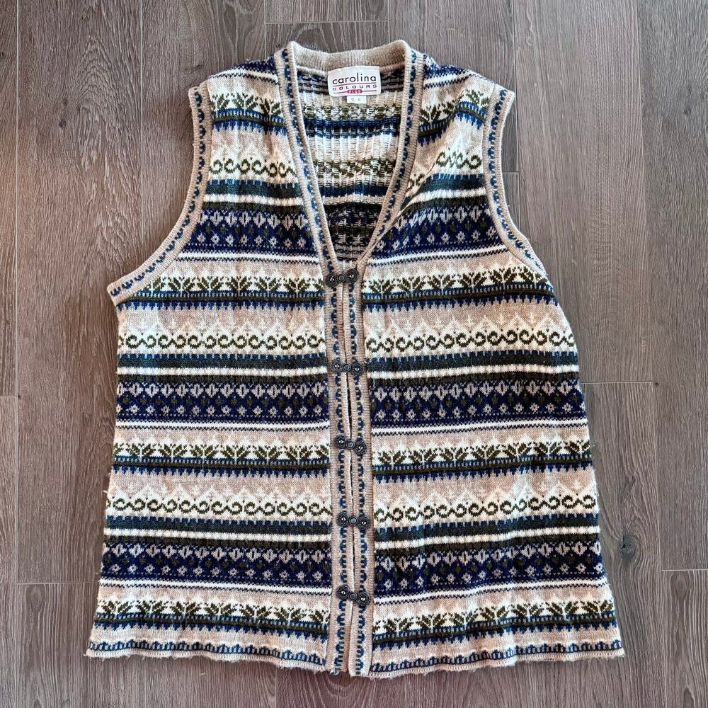VTG 1990s Carolina Colours Sweater Vest Fairisle Stripe Wool Blend Women Sz 20